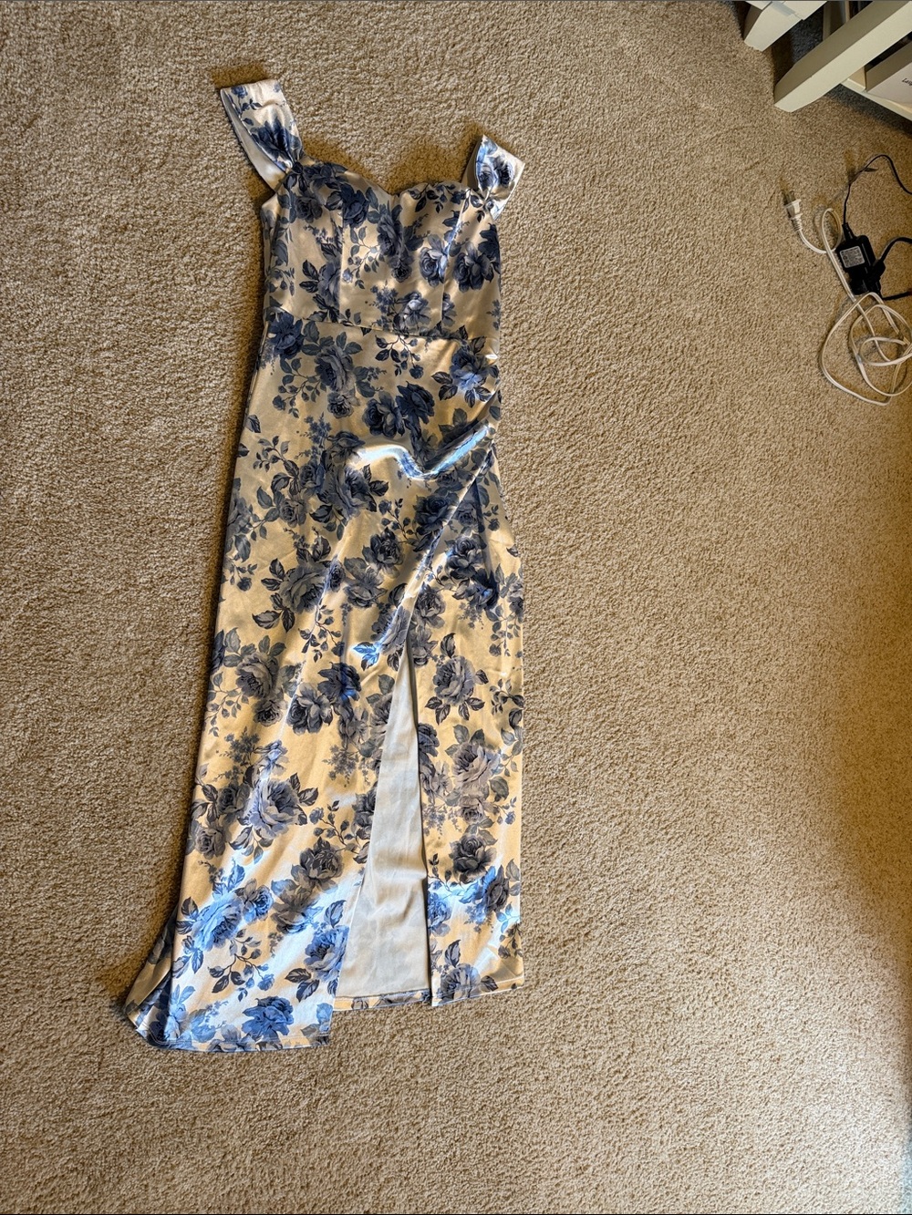 Speechless Cream Maxi Dress with Blue Floral Print and Front Slit